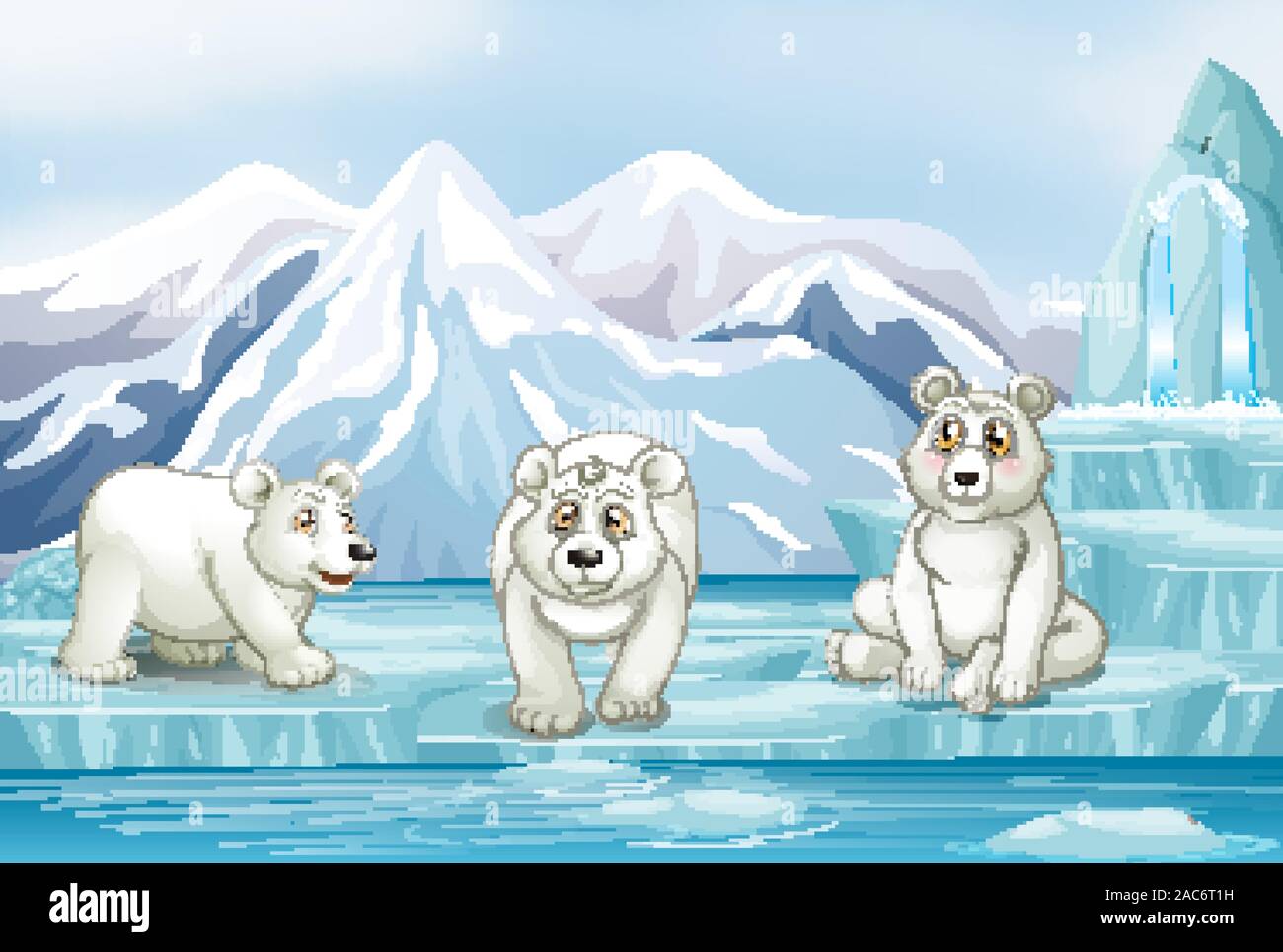 Scene with three polar bears on ice illustration Stock Vector