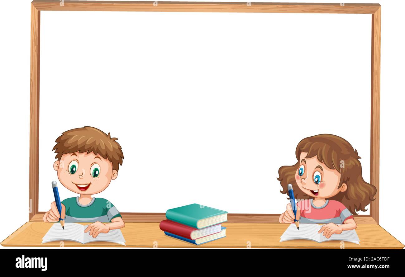 Boy and girl studying with wihteboard copyspace illustration Stock Vector