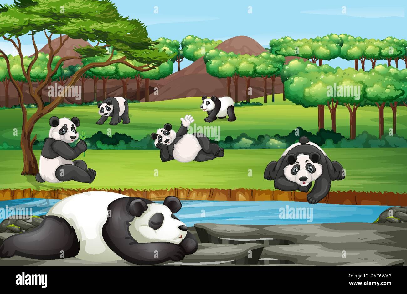 Scene with many pandas at the open zoo illustration Stock Vector Image ...