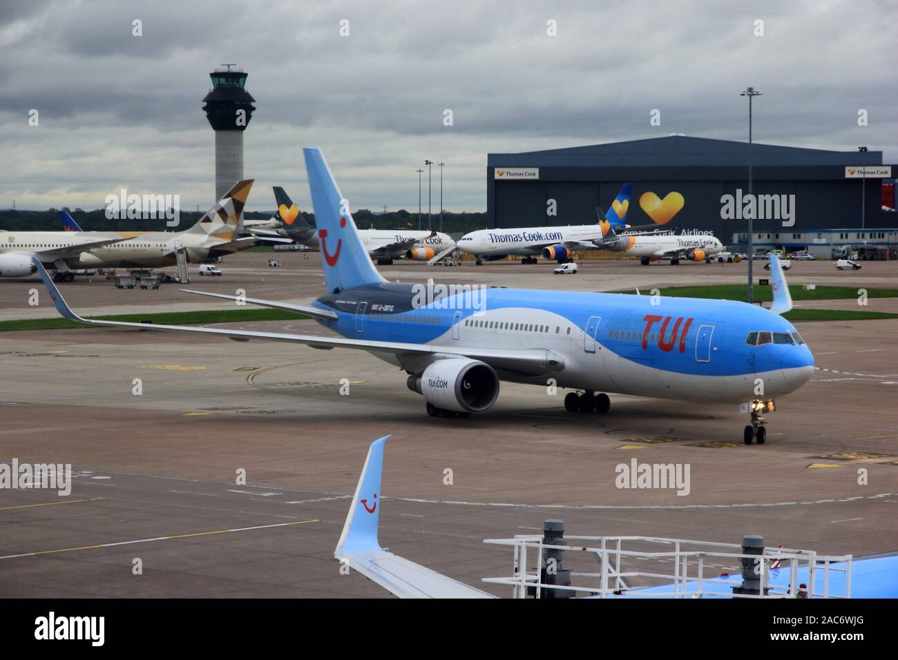 Tui airlines Boeing 767 used in repatriation of Thomas Cook passengers following collapse of Thomas Cook, Manchester Airport Stock Photo