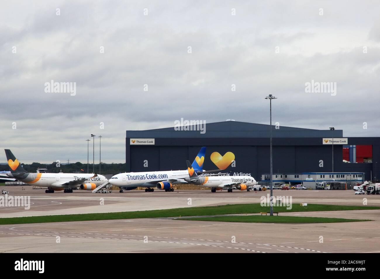 Thomas Cook aeroplanes parked outside hanger following collapse of travel firm Thomas Cook, Manchester Airport Stock Photo