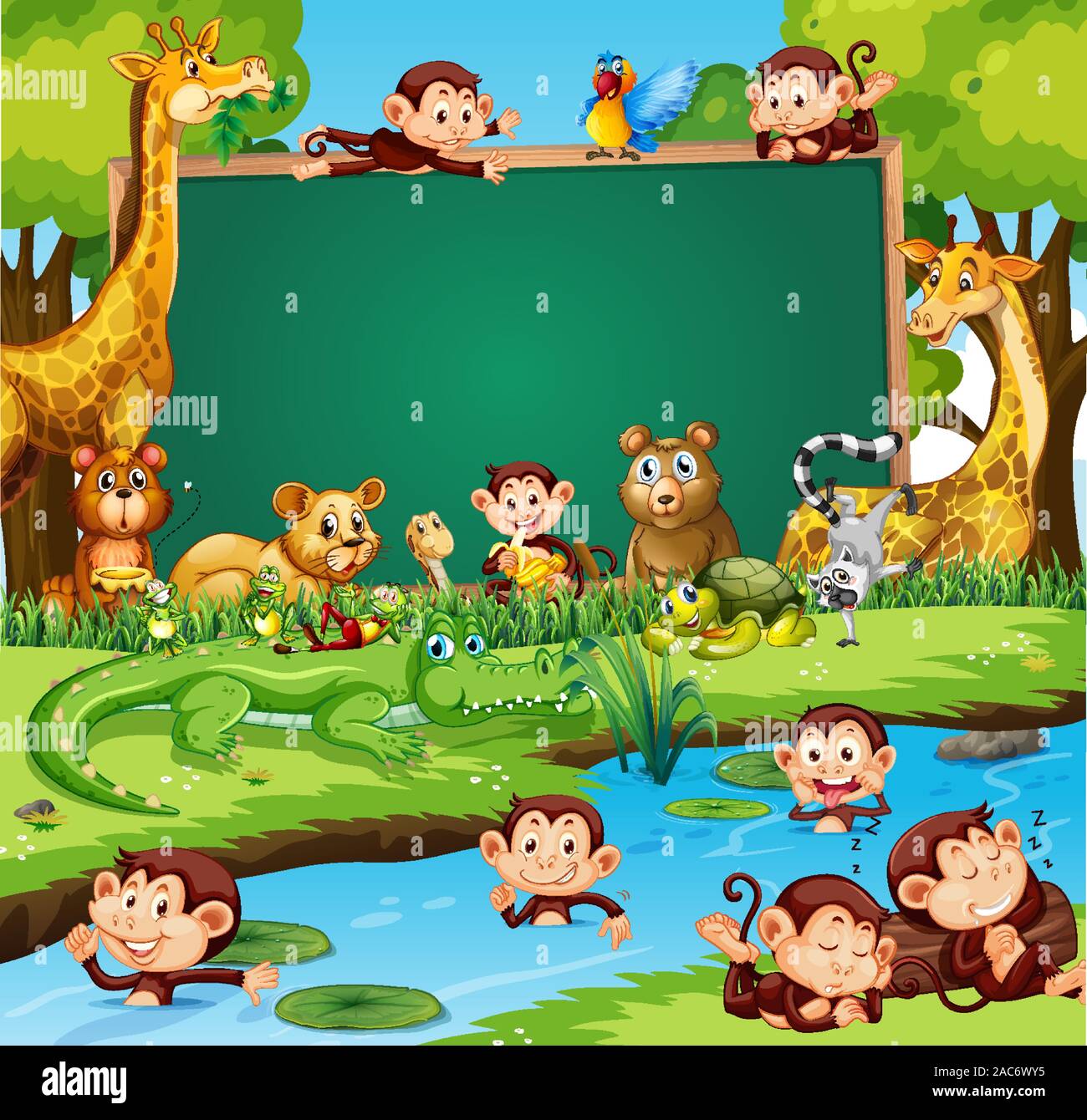 Border template design with cute animals in forest illustration Stock ...