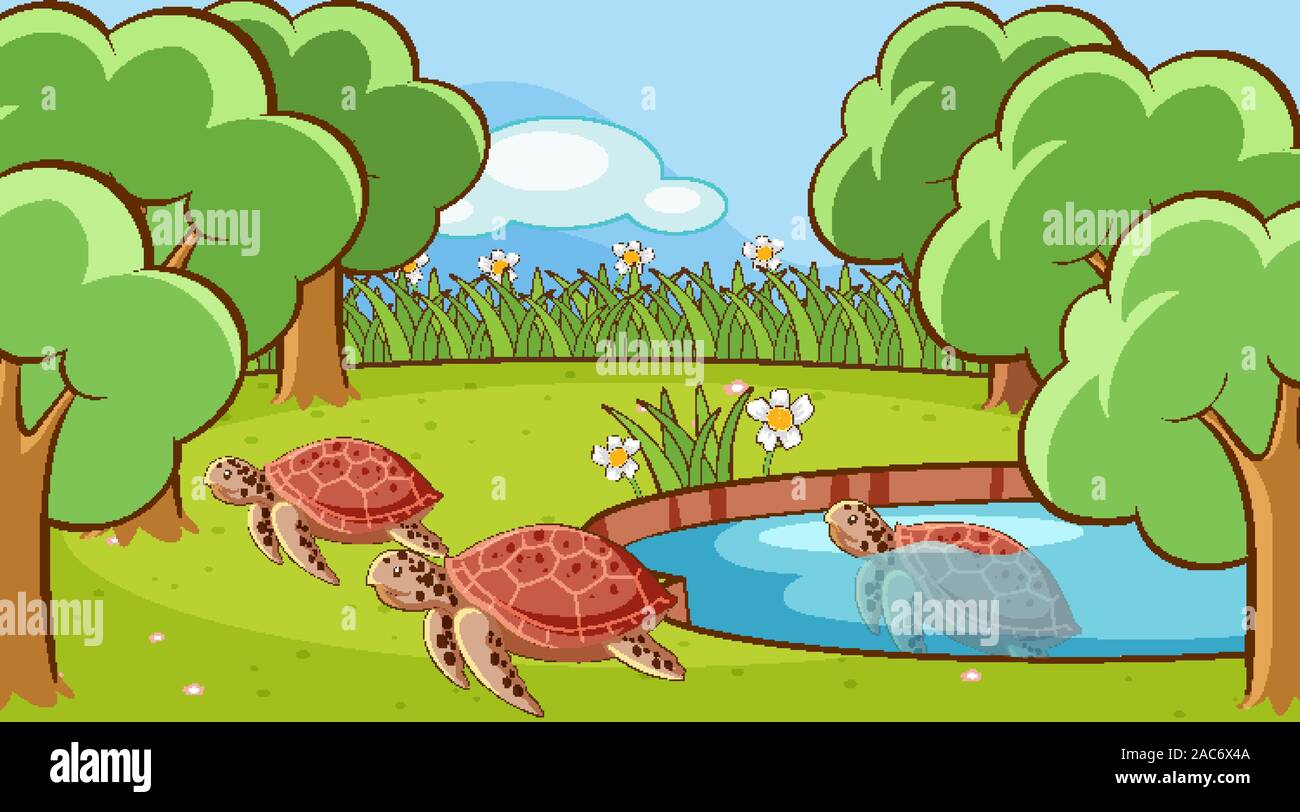 Scene with turtle in the pond illustration Stock Vector Image & Art - Alamy