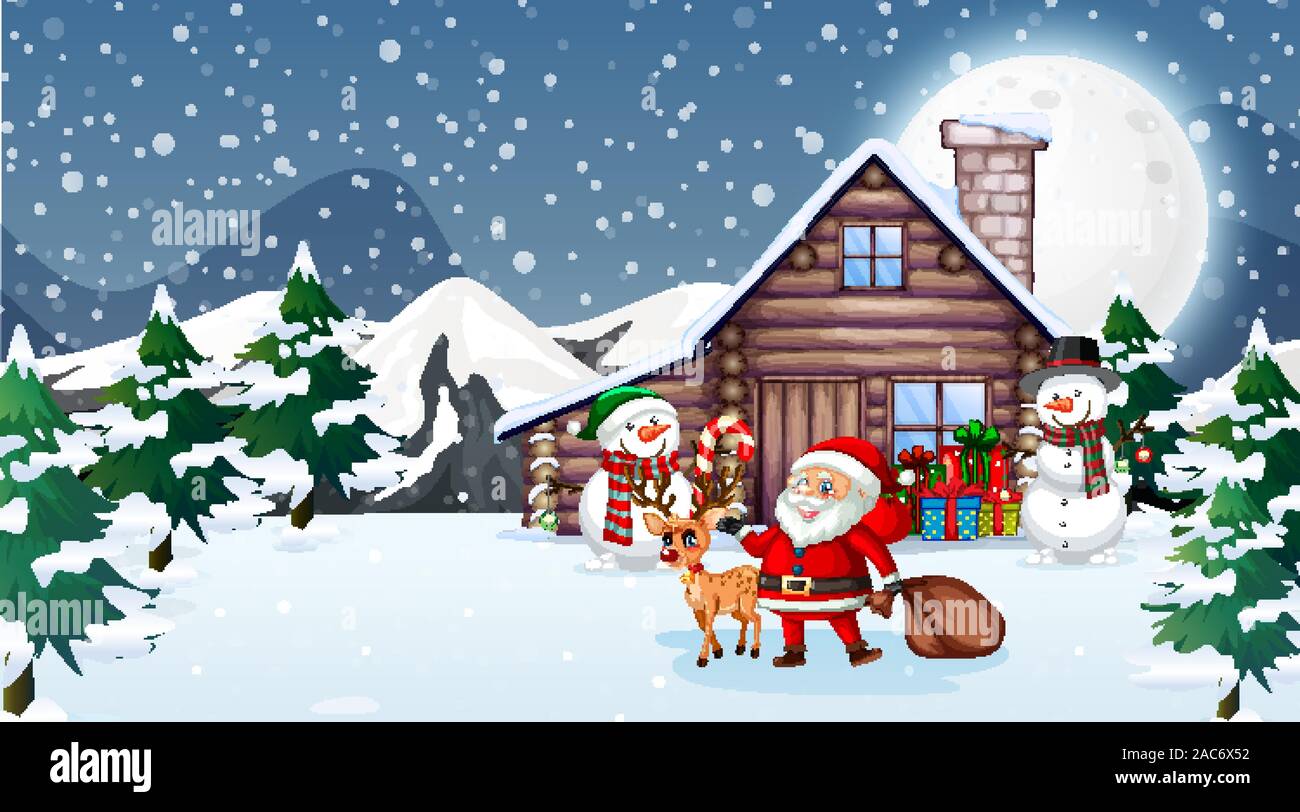 Christmas scene with santa and snowman illustration Stock Vector