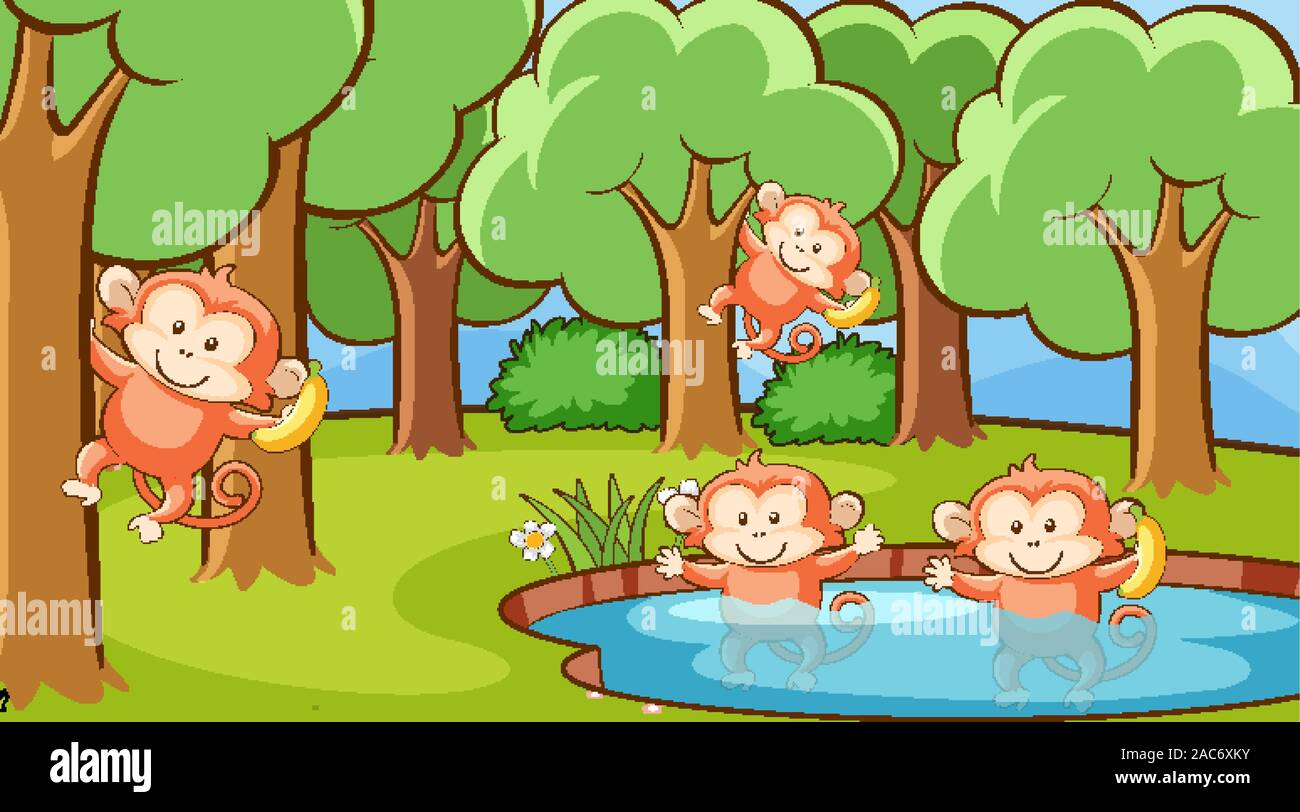 Scene with monkeys in the forest illustration Stock Vector Image & Art ...
