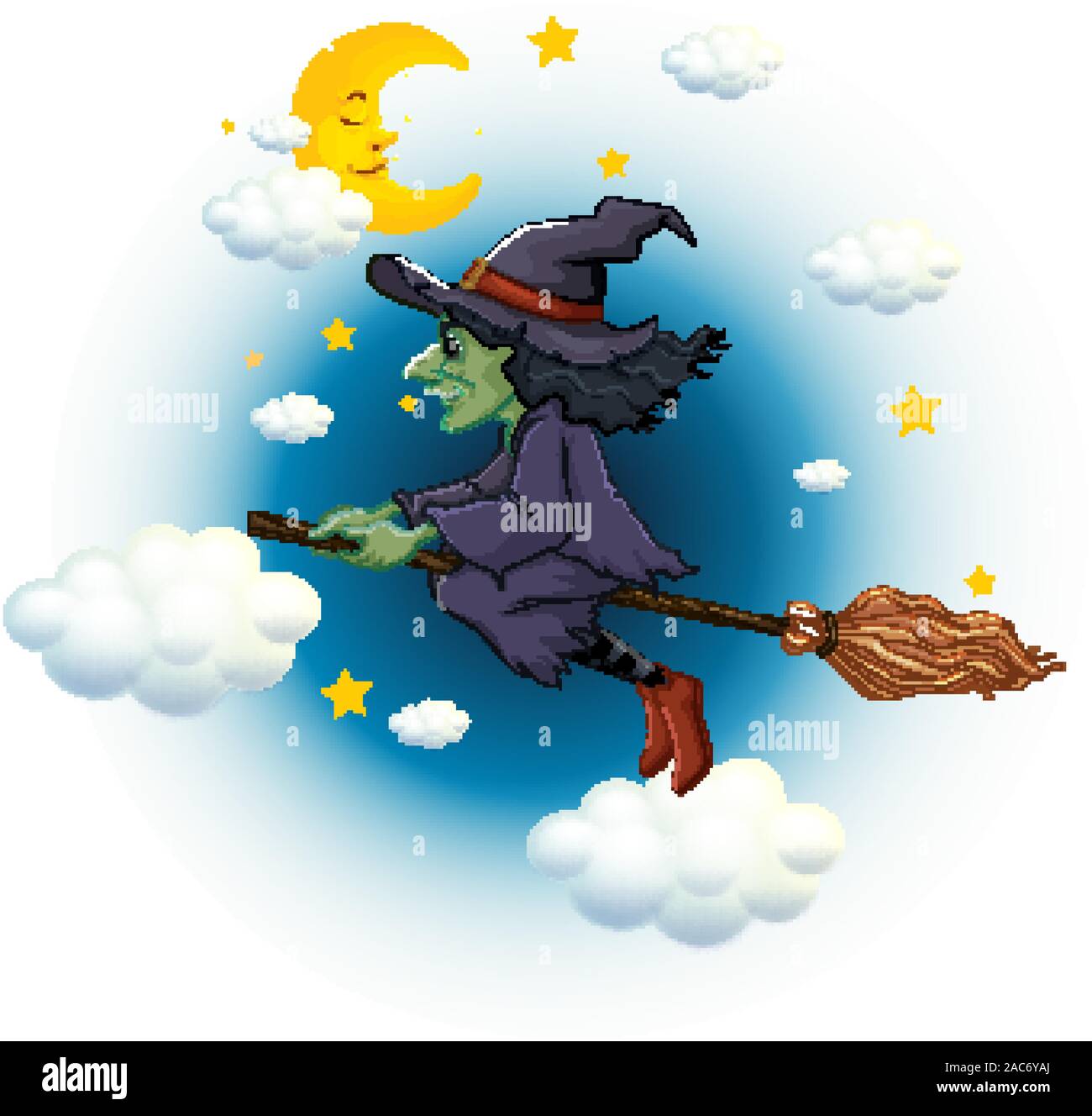 Green witch on flying broom at night illustration Stock Vector Image ...