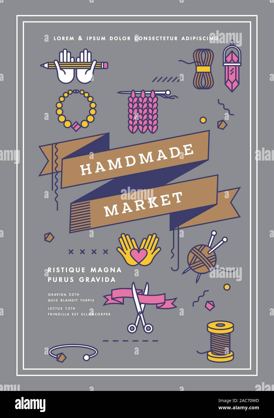 Vector illustration handmade market poster, crafts art fair and festival poster