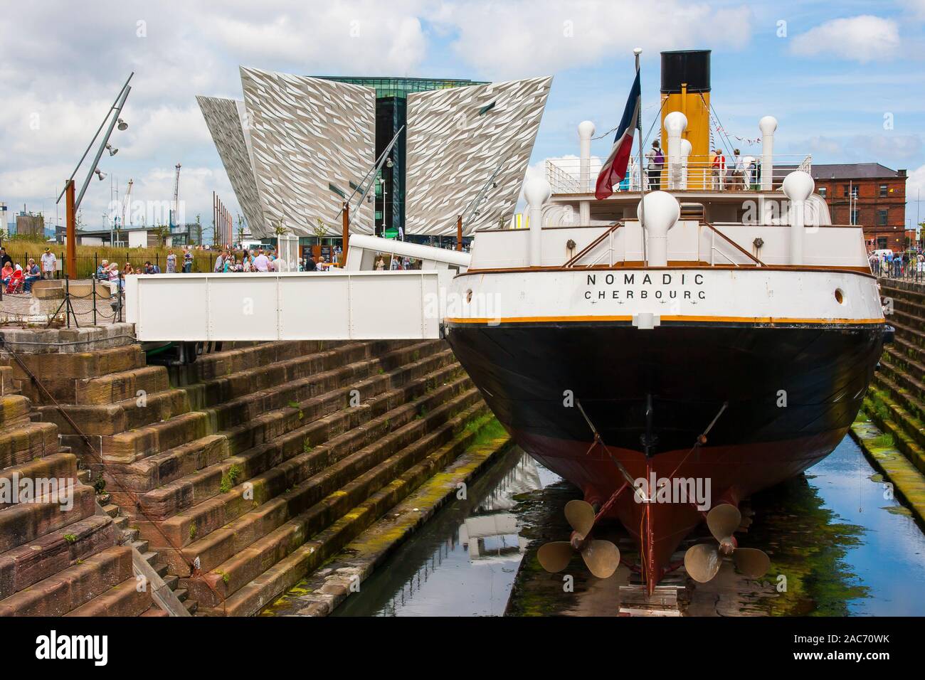 3 July 2017 The S S Nomadic, tender to the Titanic, preserved in Dry dock at Belfast Shipyard's Titanic Quarter in Northern Ireland where it was built Stock Photo