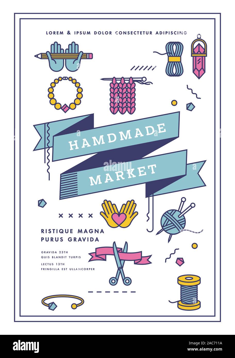 Vector illustration handmade market poster, crafts workshop, art fair and festival poster. Handmade tools. Stock Vector