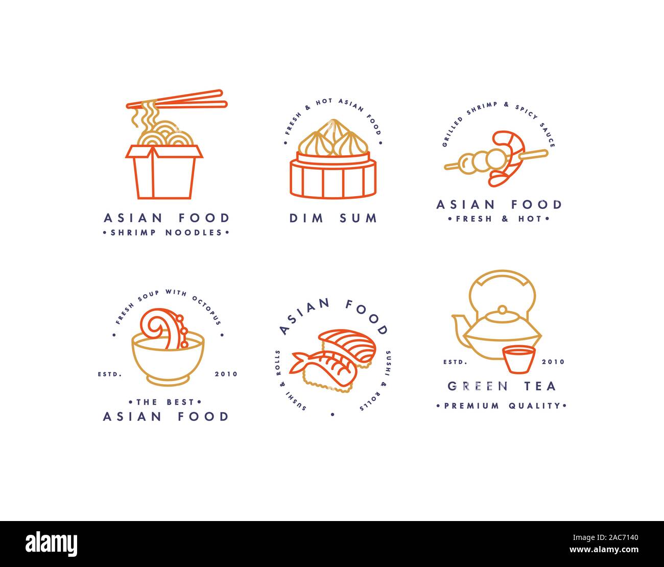 Vector set of logo design templates and emblems or badges. Asian food - noodles, dim sum, soup, sushi. Linear logos. Stock Vector