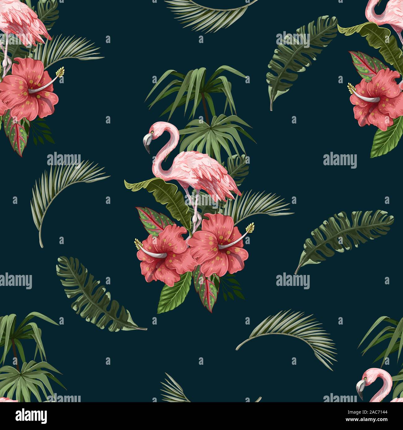Seamless pattern with flamingo and tropical leaves. Vector Stock Vector ...