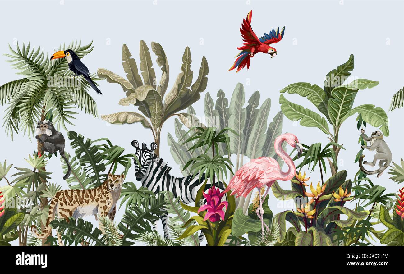 Seamless border with jungle animals, flowers and trees. Vector. Stock Vector