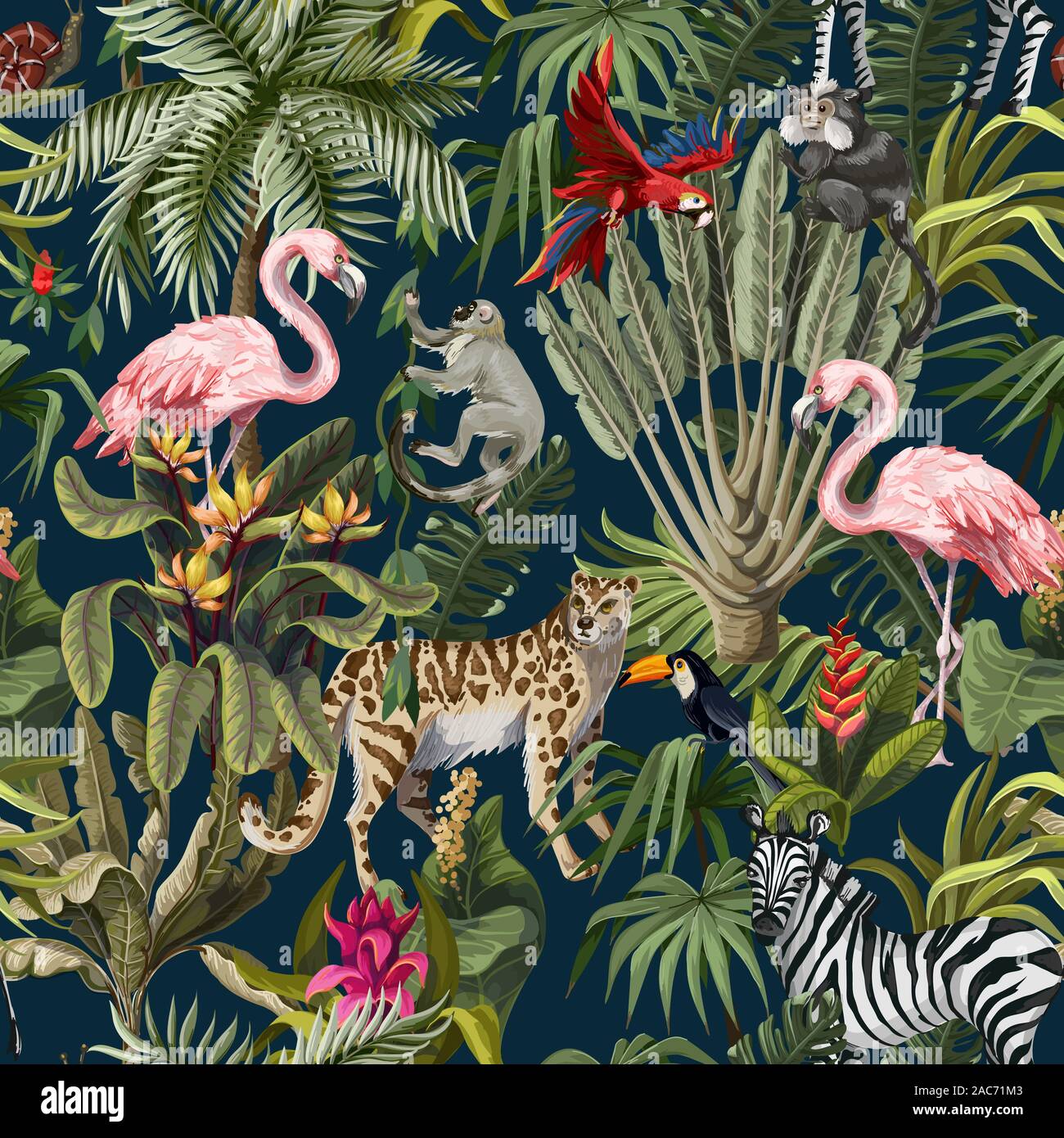 Seamless pattern with jungle animals, flowers and trees. Vector Stock  Vector Image & Art - Alamy