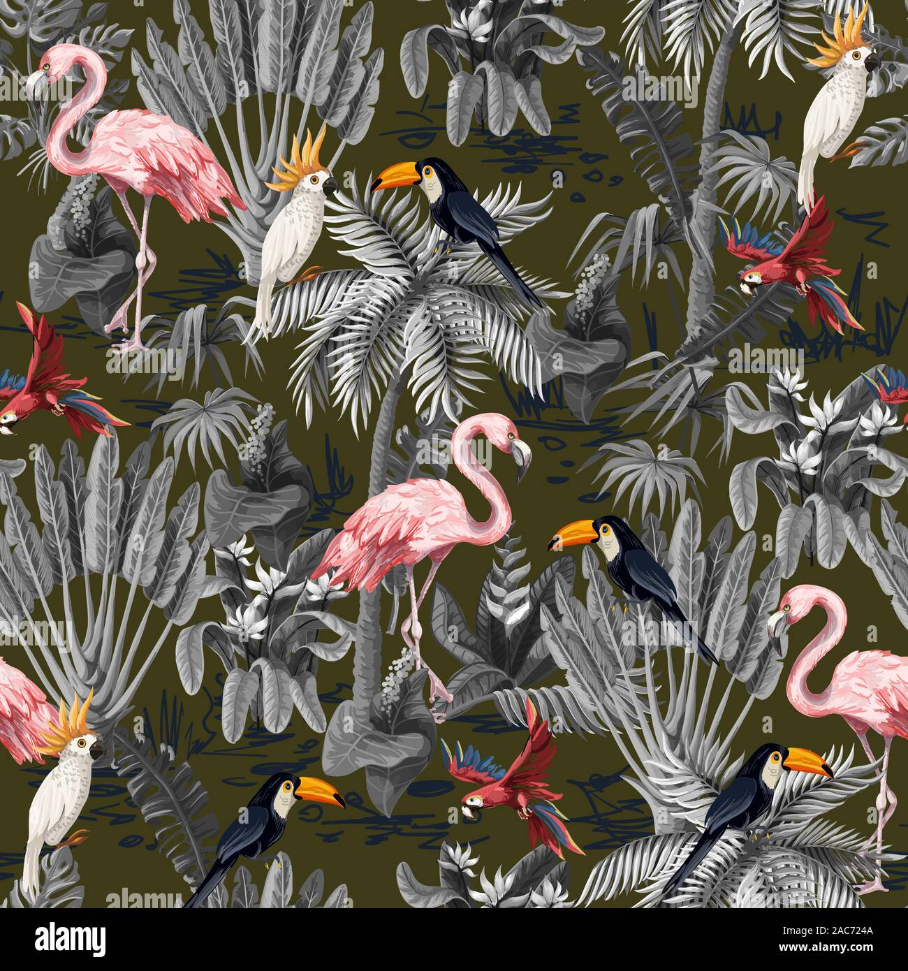 Seamless Pattern With Jungle Animals Flowers And Trees Vector Stock Seamless pattern with jungle animals flowers and trees vector stock
