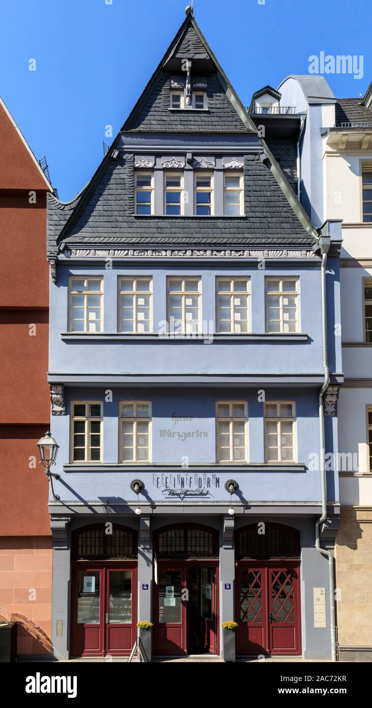 Haus Würzgarten, exterior of typical restored medieval historic half-timber house in the old town of Frankfurt am Main, Germany Stock Photo