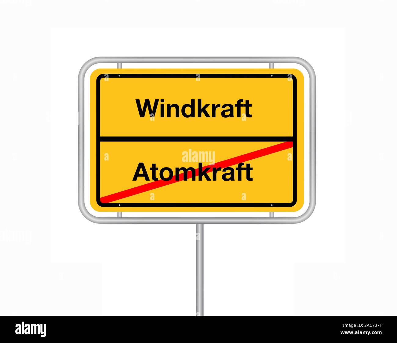 Ortsschild, Ortsausgangsschild, Windkraft, Atomkraft, Bundesrepublik Deutschland, Stock Photo