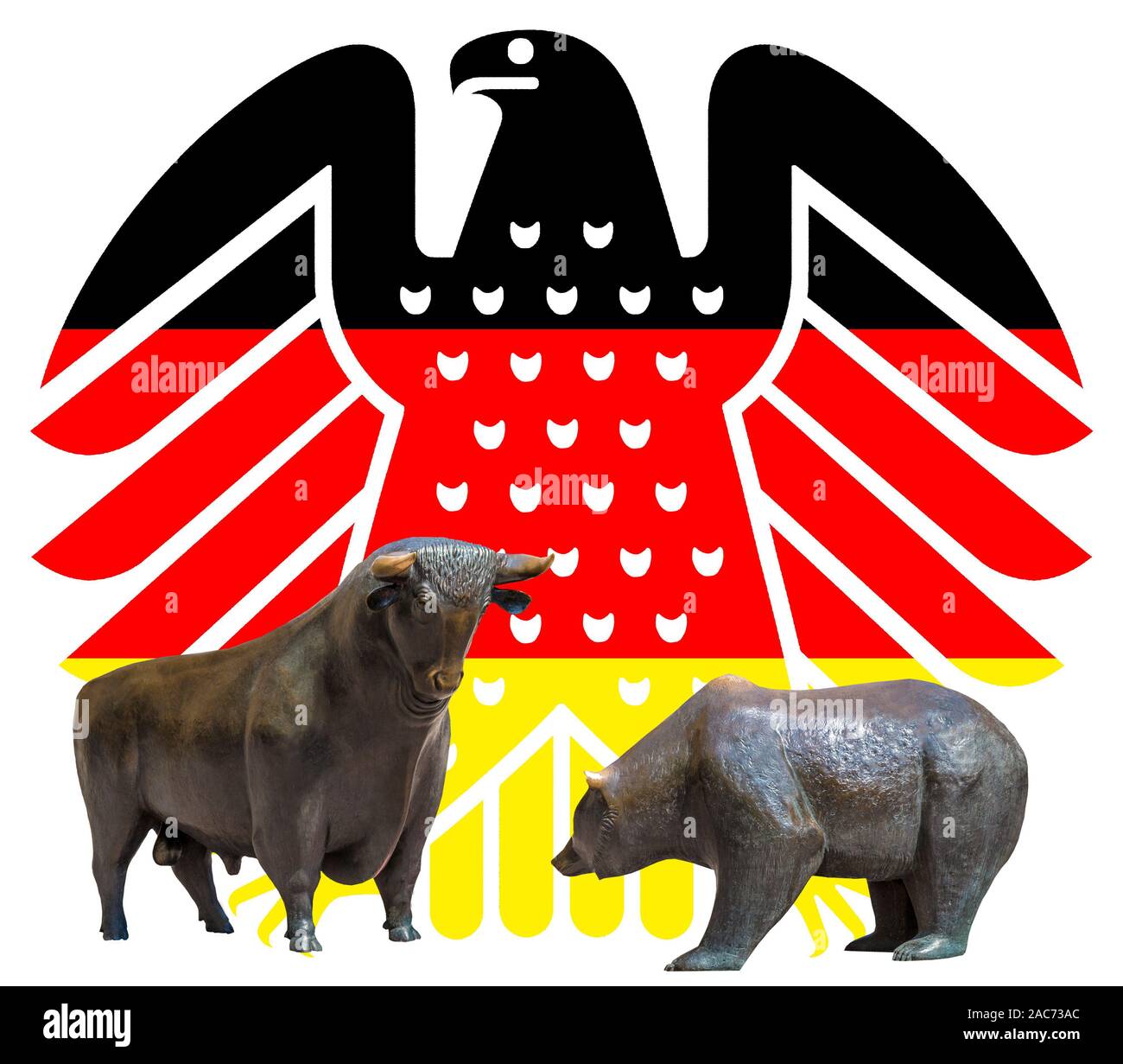 Neuer Bundesadler in den Farben schwarz-rot-gold, Wappentier der Bundesrepublik Deutschland, davor die Boersensymbole Bulle und Baer, Stock Photo