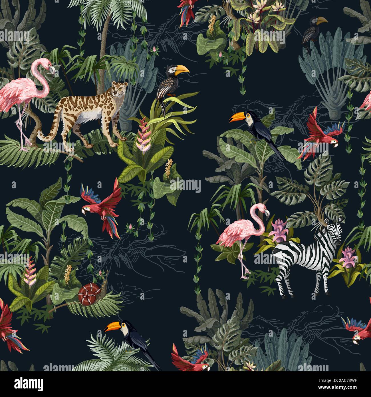 Download Seamless Pattern With Jungle Animals Flowers And Trees Vector Stock Vector Image Art Alamy