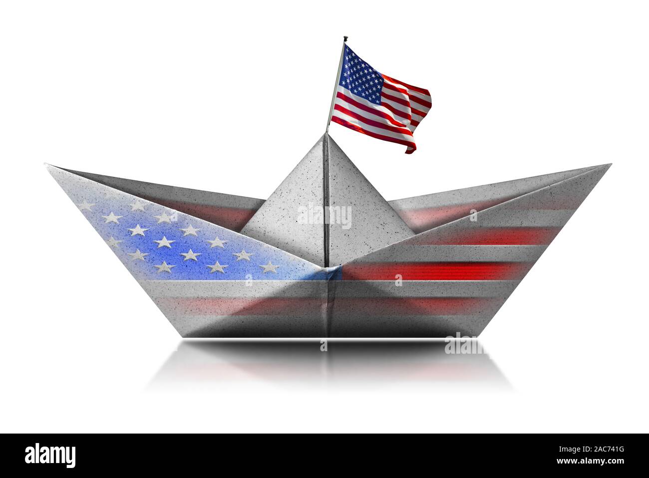 White paper boat with the United states of America flag, isolated on white background with reflections, photography Stock Photo