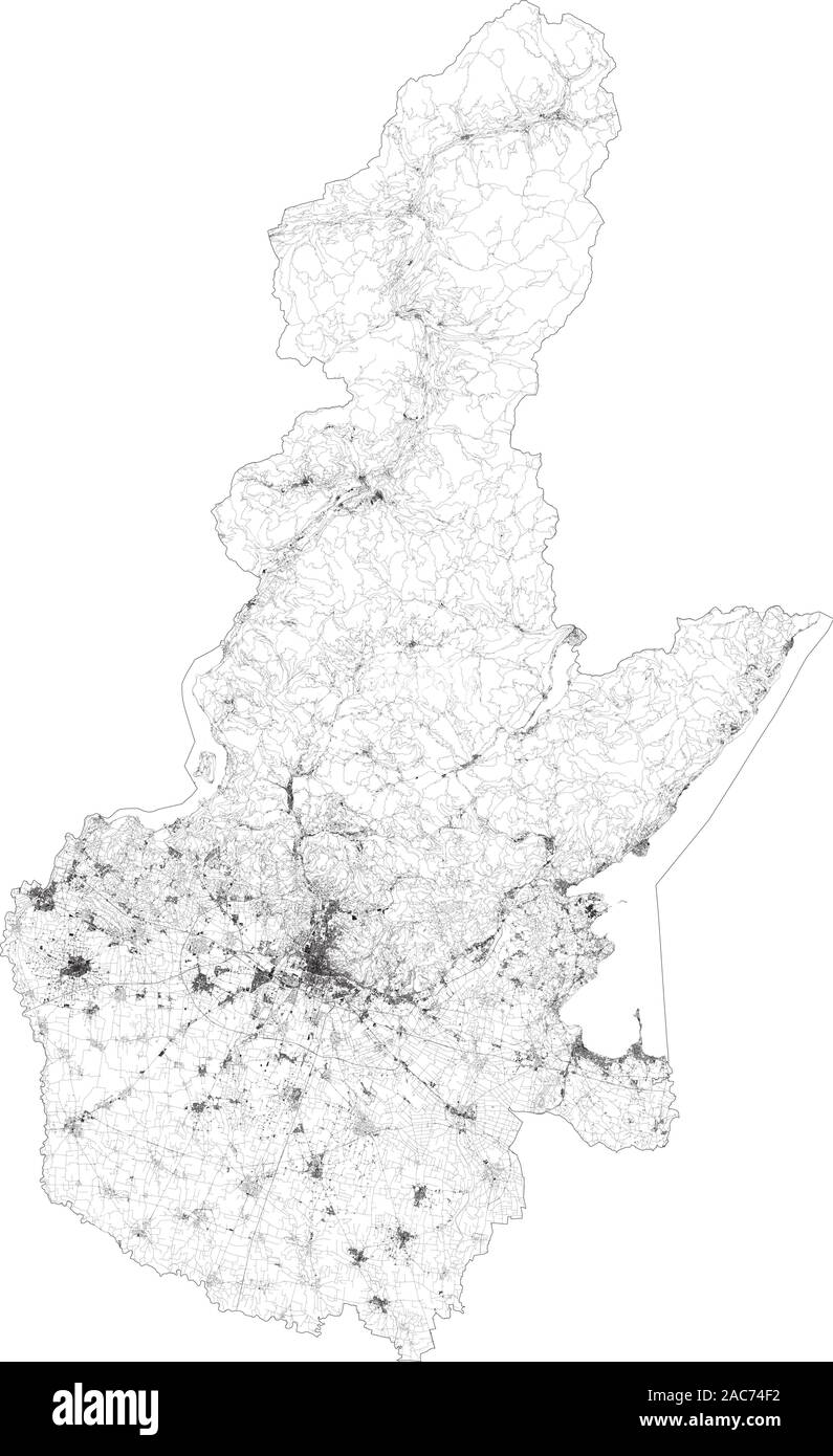 Satellite map of province of Brescia, towns and roads, buildings and connecting roads of surrounding areas. Lombardy, Italy. Map roads, ring roads Stock Vector