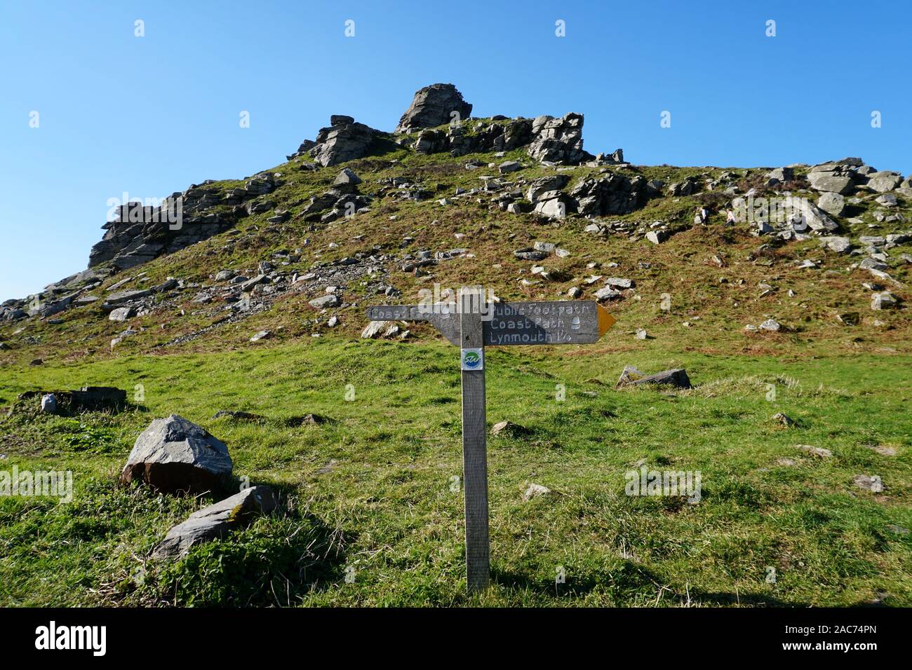 Signpost at Valley of the Rocks, Exmoor, England, UK Stock Photo