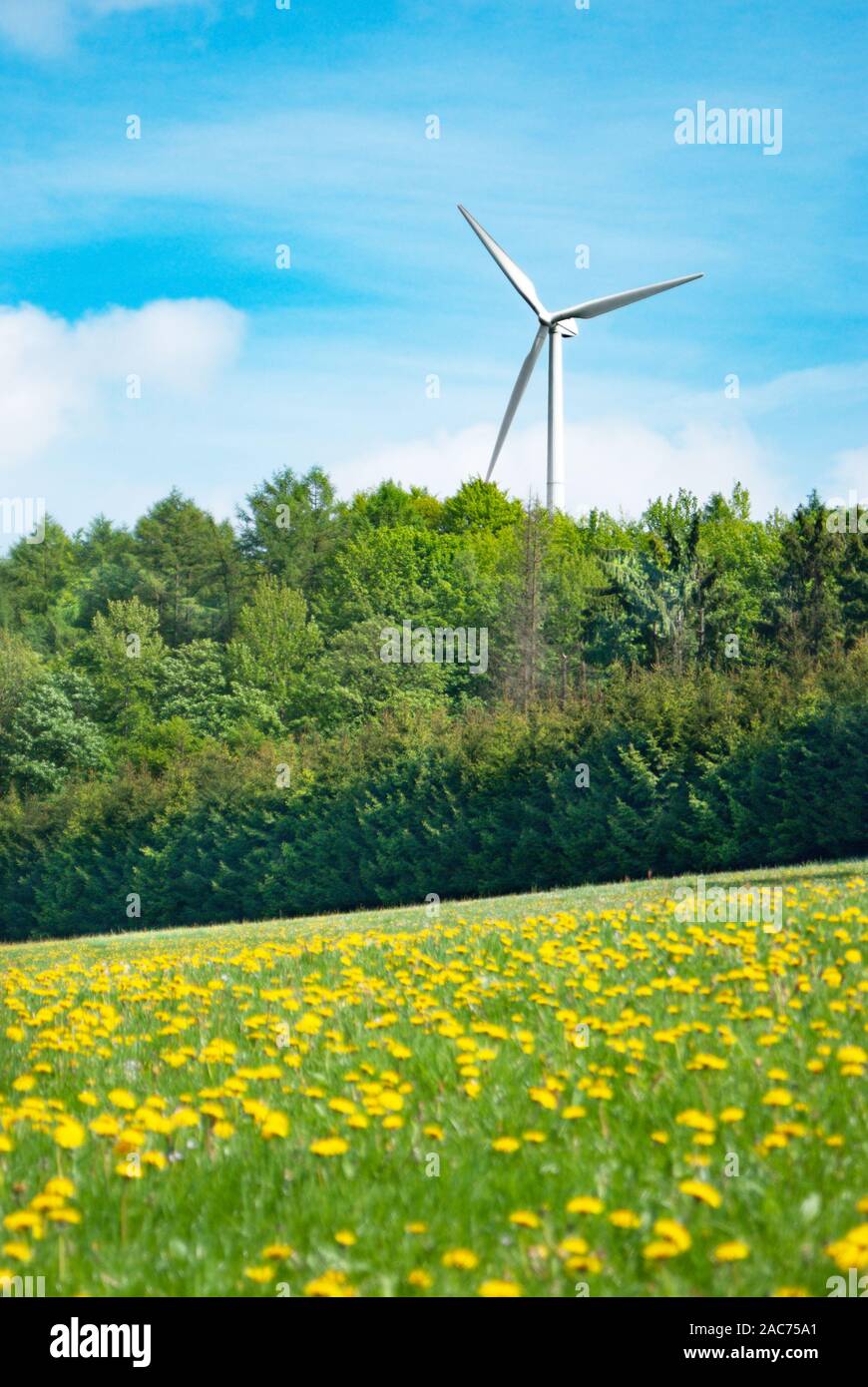 White generating electricity windmill under clear blue sky. Wind turbine clean power concept. Low angle view Stock Photo