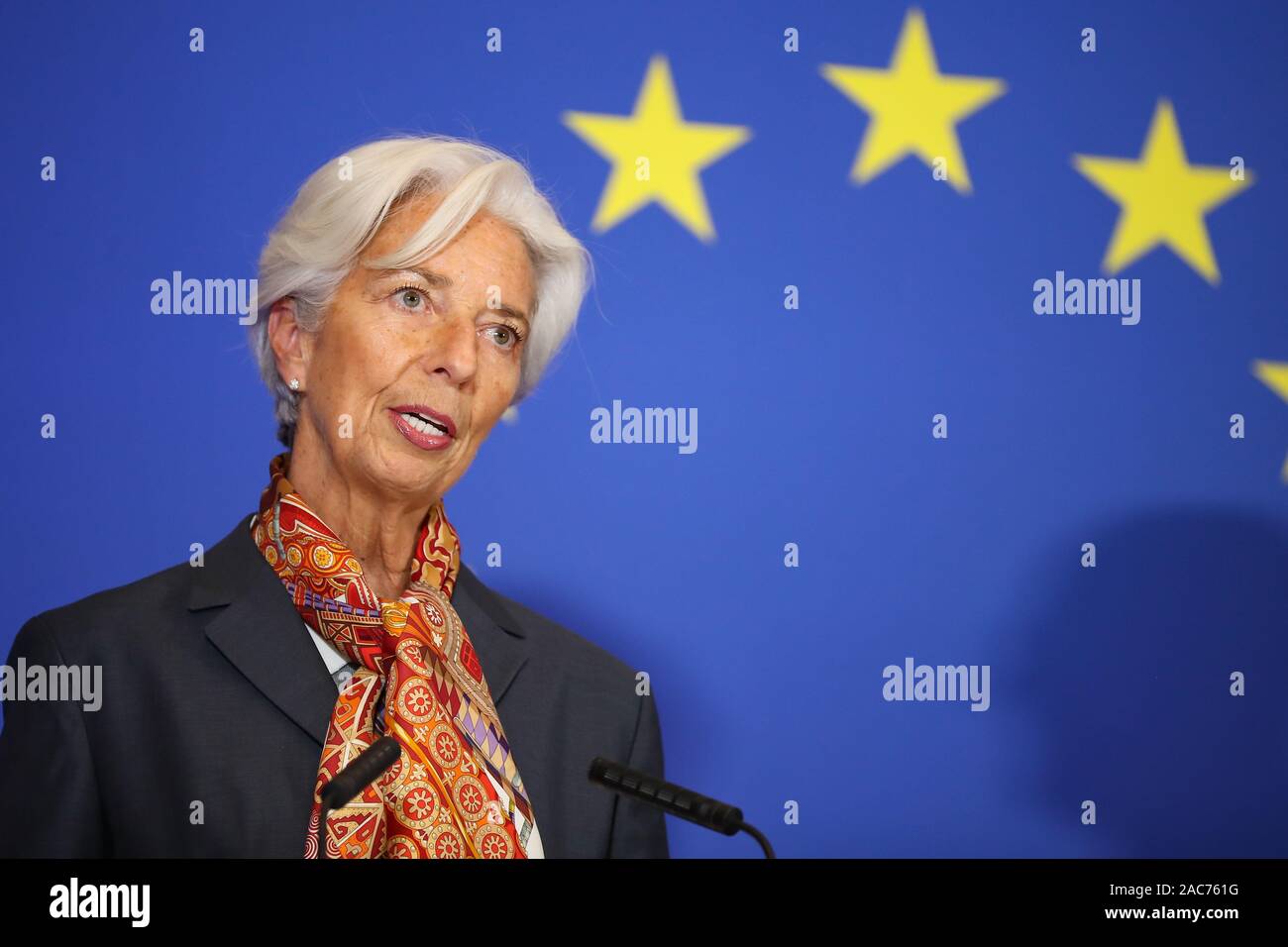 (191201) -- BRUSSELS, Dec. 1, 2019 (Xinhua) -- European Central Bank President Christine Lagarde delivers a speech during a ceremony to mark the 10th anniversary of the entry into force of the Lisbon Treaty, at the House of European History in Brussels, Belgium, Dec. 1, 2019. (Xinhua/Zhang Cheng) Stock Photo