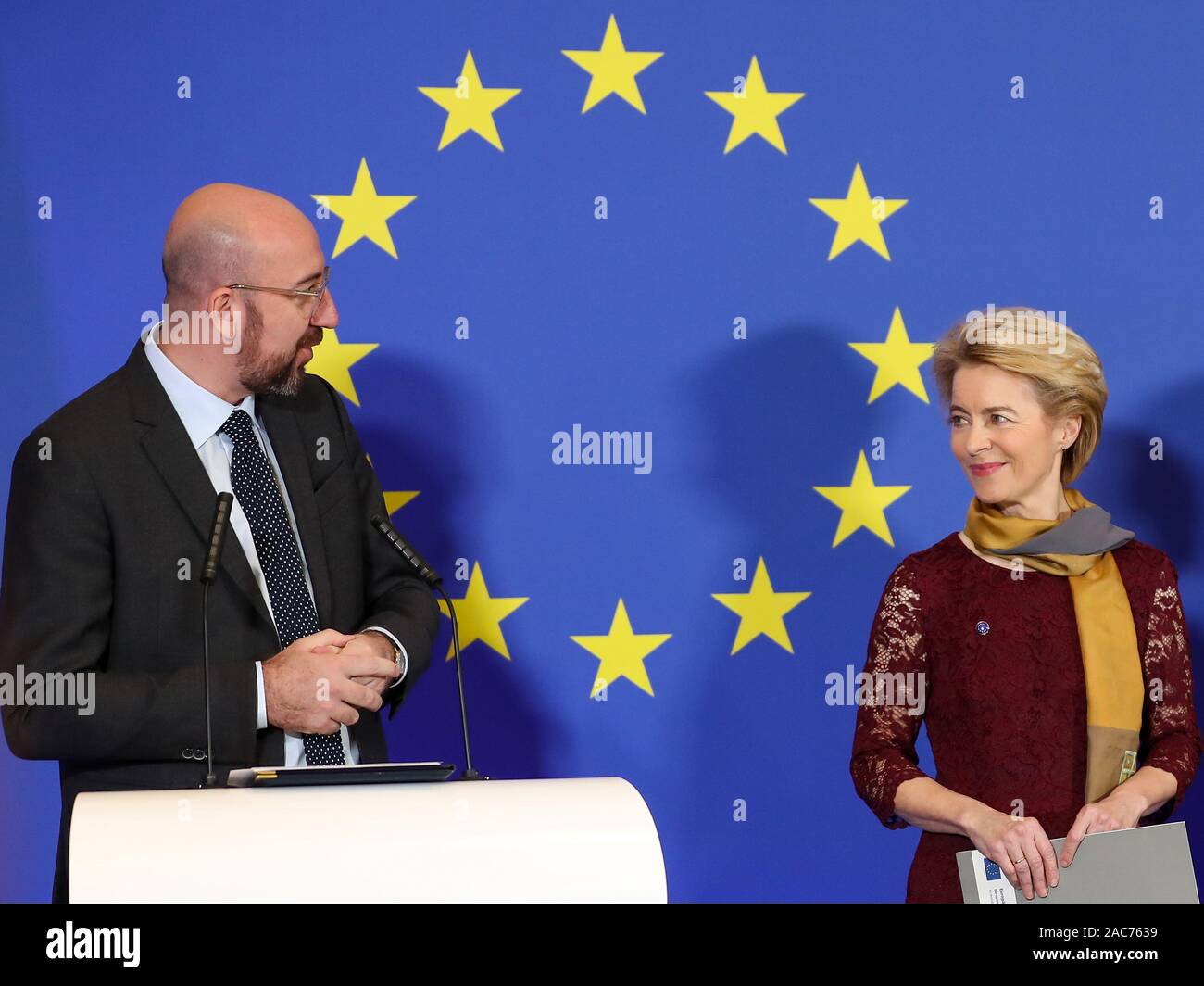 (191201) -- BRUSSELS, Dec. 1, 2019 (Xinhua) -- European Council President Charles Michel (L) and European Commission President Ursula von der Leyen attend a ceremony to mark the 10th anniversary of the entry into force of the Lisbon Treaty, at the House of European History in Brussels, Belgium, Dec. 1, 2019. (Xinhua/Zhang Cheng) Stock Photo