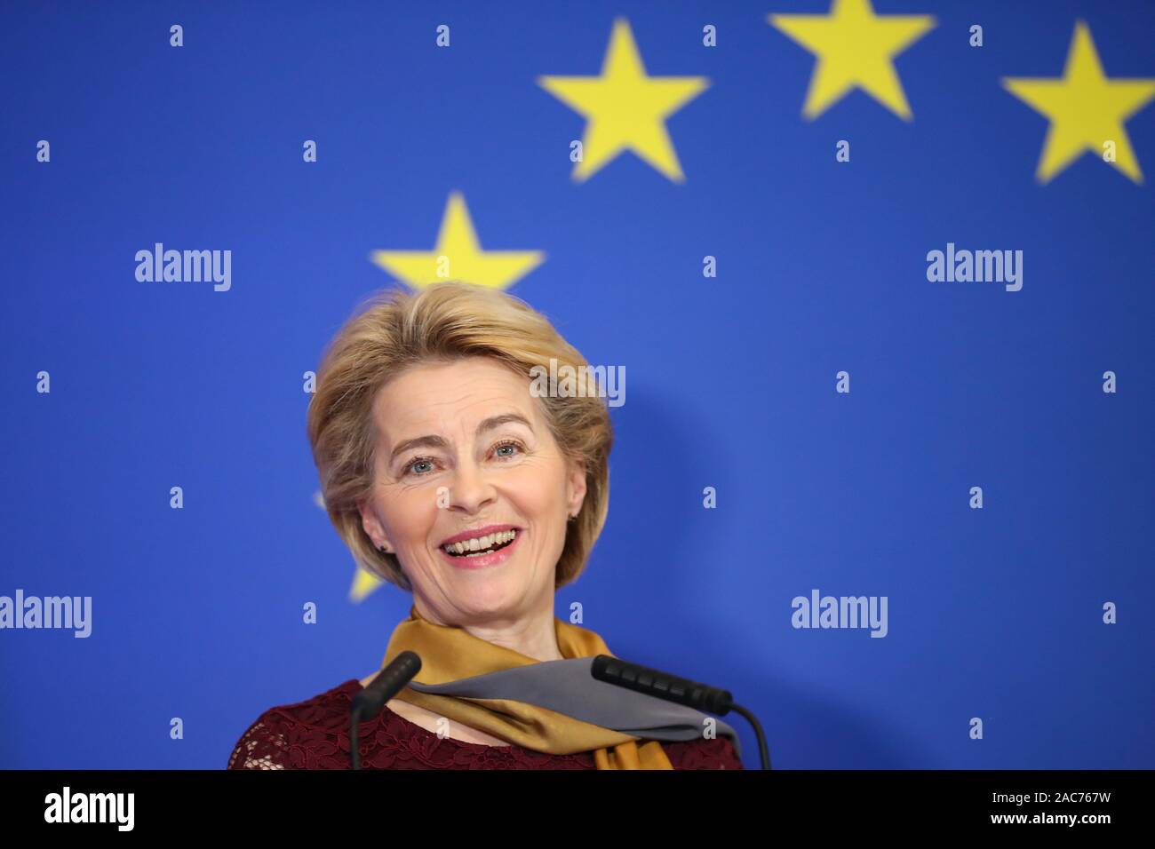 (191201) -- BRUSSELS, Dec. 1, 2019 (Xinhua) -- European Commission President Ursula von der Leyen delivers a speech during a ceremony to mark the 10th anniversary of the entry into force of the Lisbon Treaty, at the House of European History in Brussels, Belgium, Dec. 1, 2019. (Xinhua/Zhang Cheng) Stock Photo
