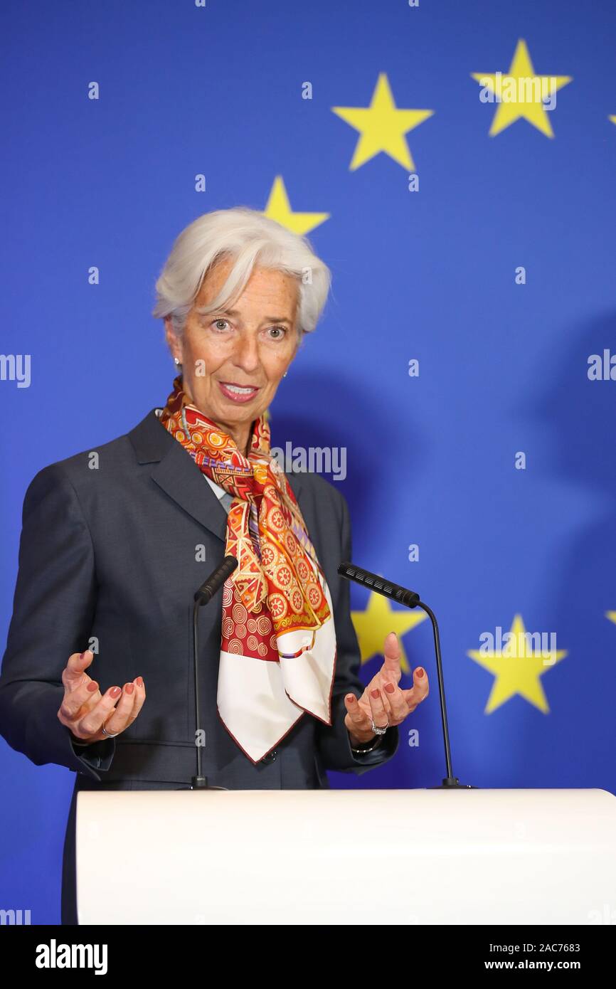 (191201) -- BRUSSELS, Dec. 1, 2019 (Xinhua) -- European Central Bank President Christine Lagarde delivers a speech during a ceremony to mark the 10th anniversary of the entry into force of the Lisbon Treaty, at the House of European History in Brussels, Belgium, Dec. 1, 2019. (Xinhua/Zhang Cheng) Stock Photo