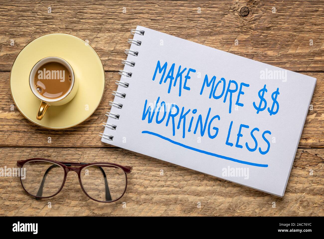 make more money working less - handwriting in a sketchbook with a cup of coffee, business productivity, efficiency, profit and success concept Stock Photo