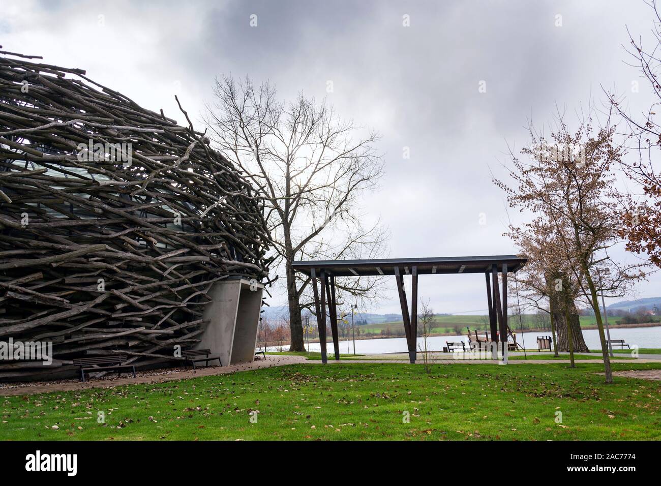 OLBRAMOVICE, CZECH REPUBLIC - NOVEMBER 23 2019: Storks Nest riding arena covered with wood resembling a giant birds nest on November 23, 2019 Stock Photo