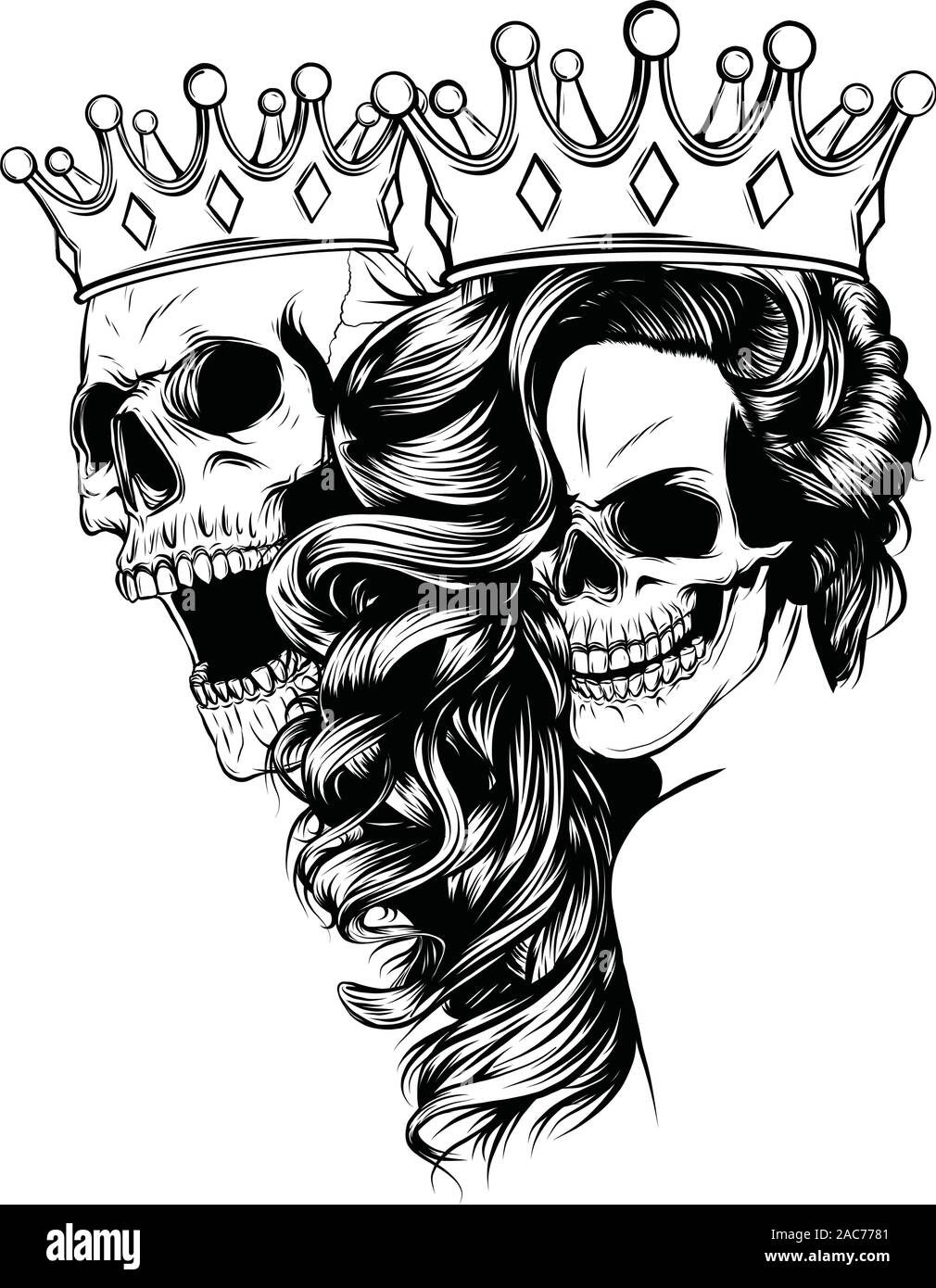tattoo of King and queen of death. Portrait of a skull with a crown. Stock Vector