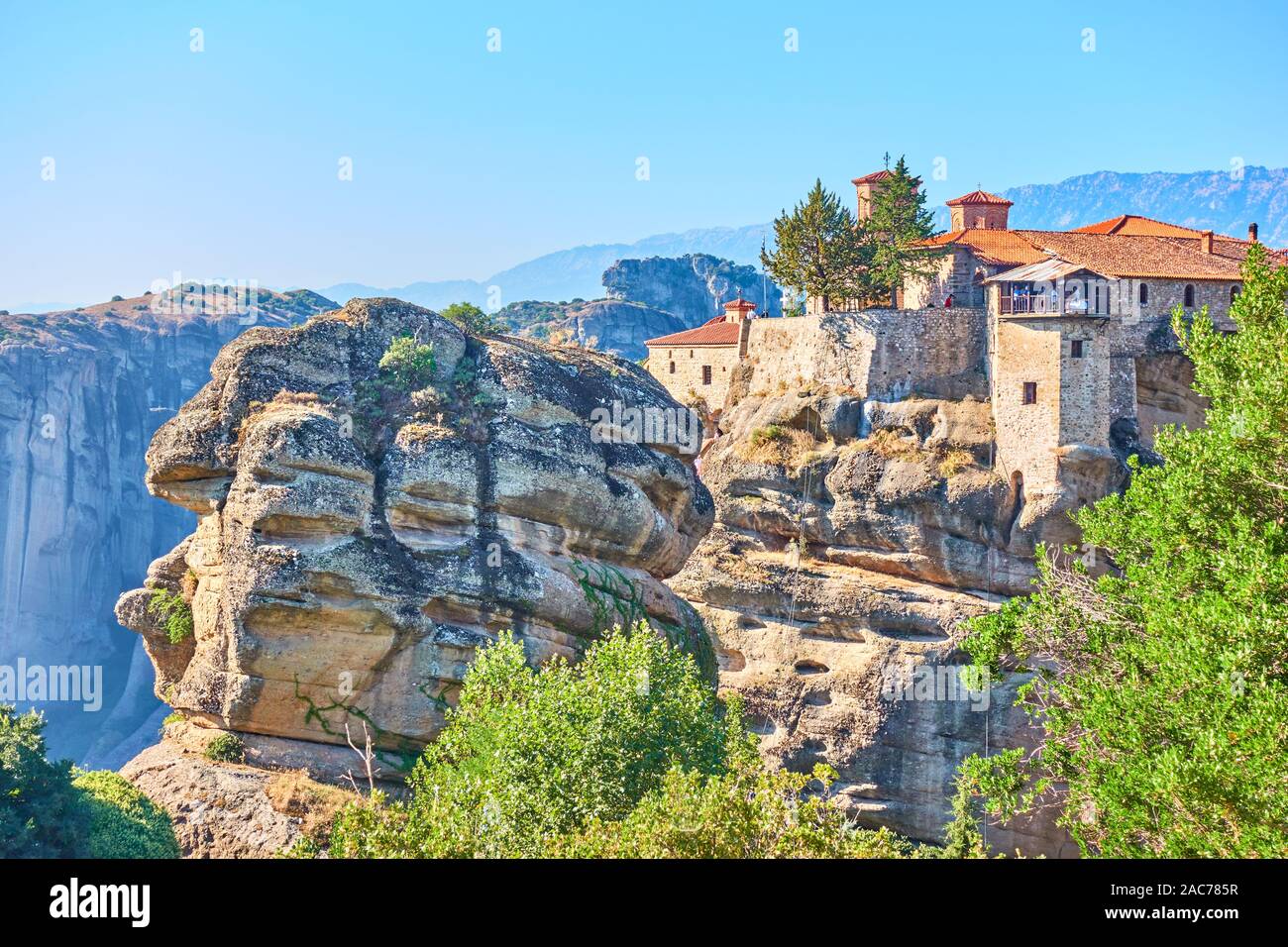 Scenic view of The Holy Monastery of Varlaam in Meteora, Greece - Greek landscape Stock Photo