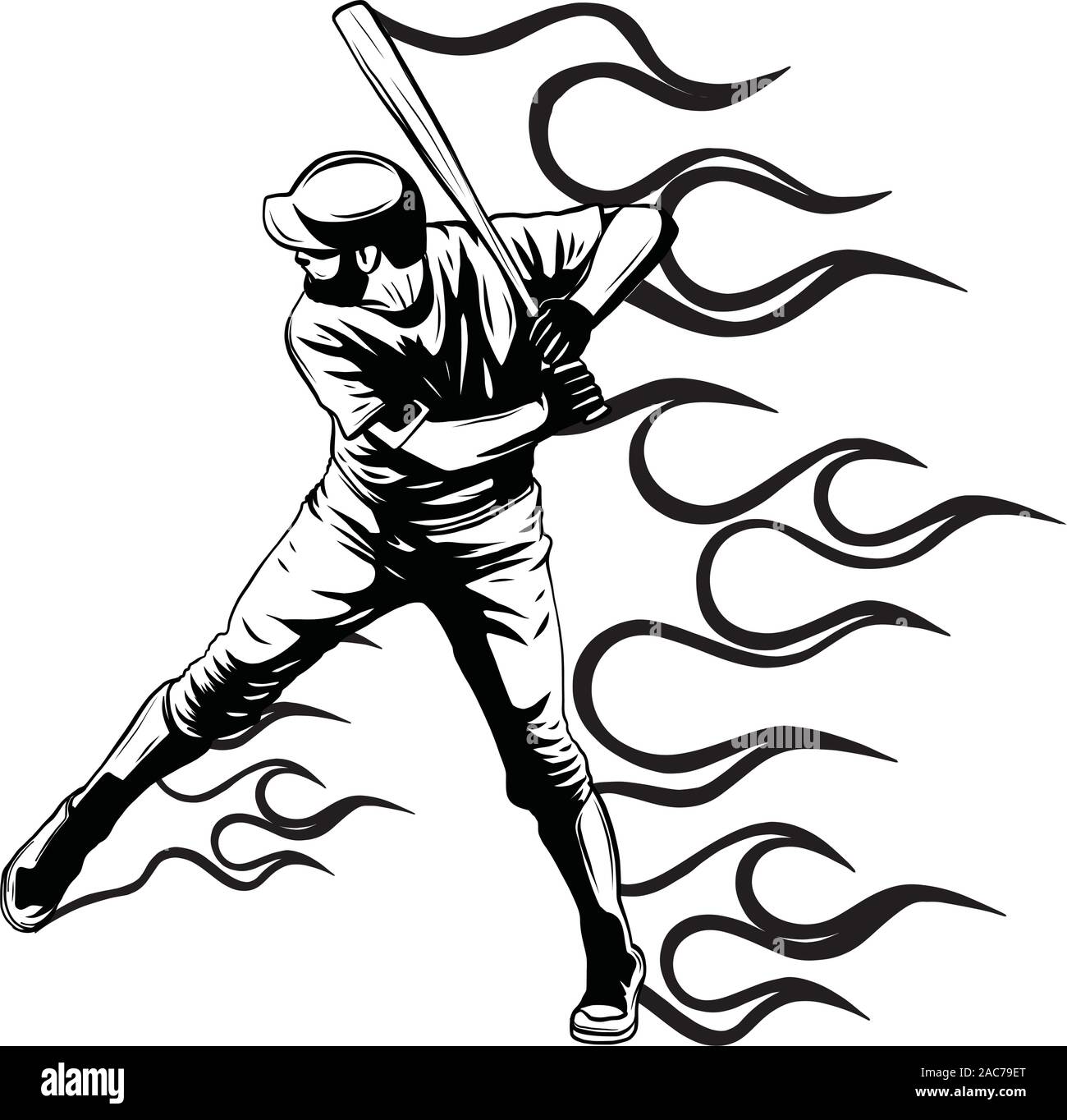Baseball player vector illustration, batter swinging bat, hits ball Stock Vector