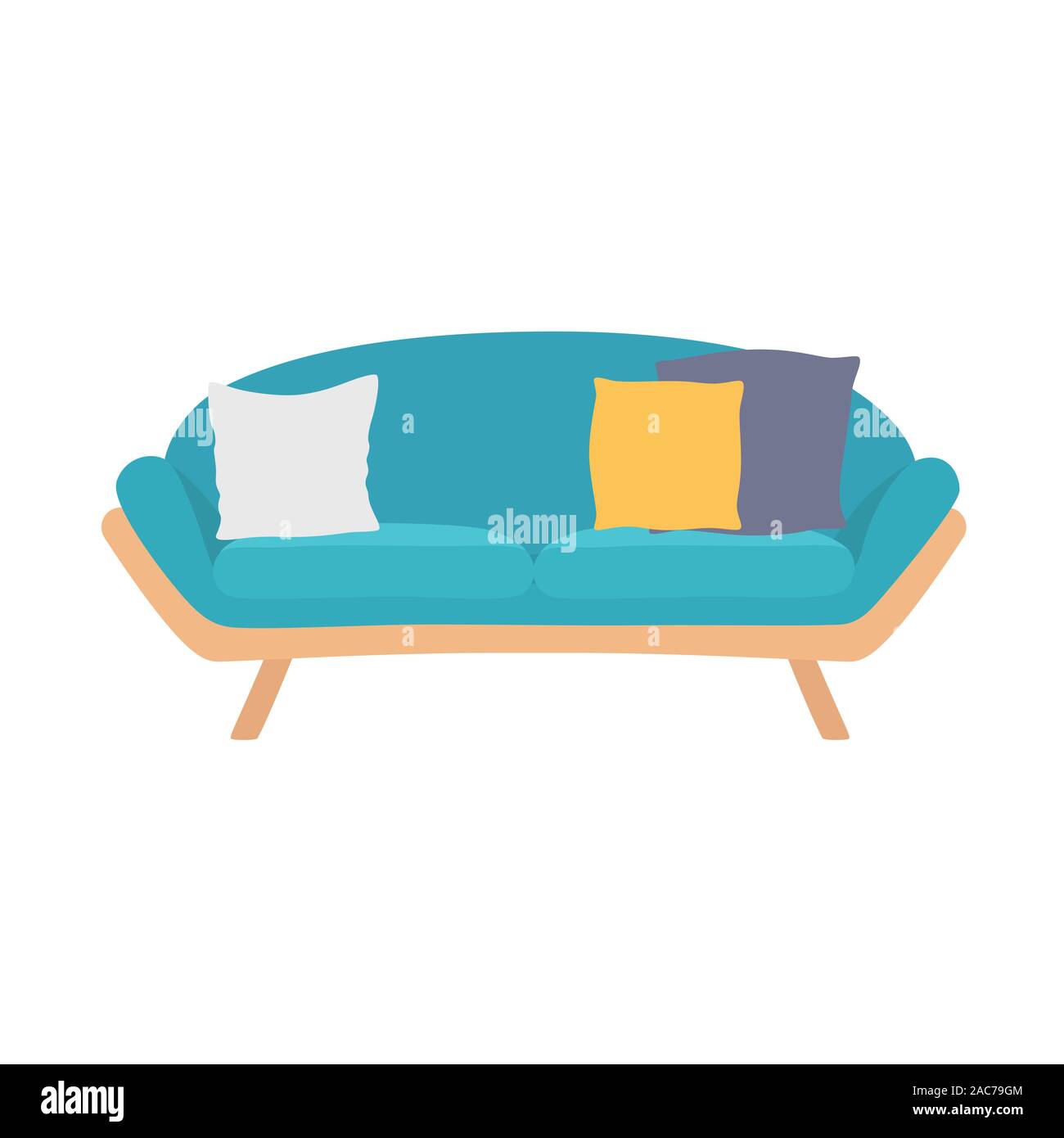 Sofa blue, colorful cartoon illustration vector. Comfortable lounge for interior design isolated on white background. Stock Vector