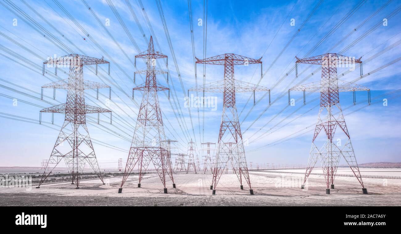 Electric industry. Desert Power Line Towers Stock Photo Alamy