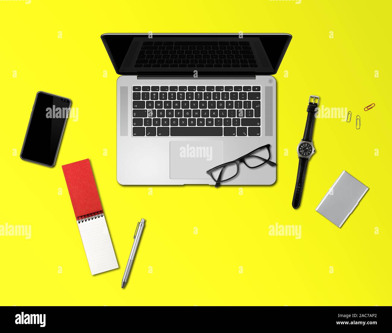 Download Modern Office Desk Mockup Top View Isolated On Yellow Stock Photo Alamy PSD Mockup Templates