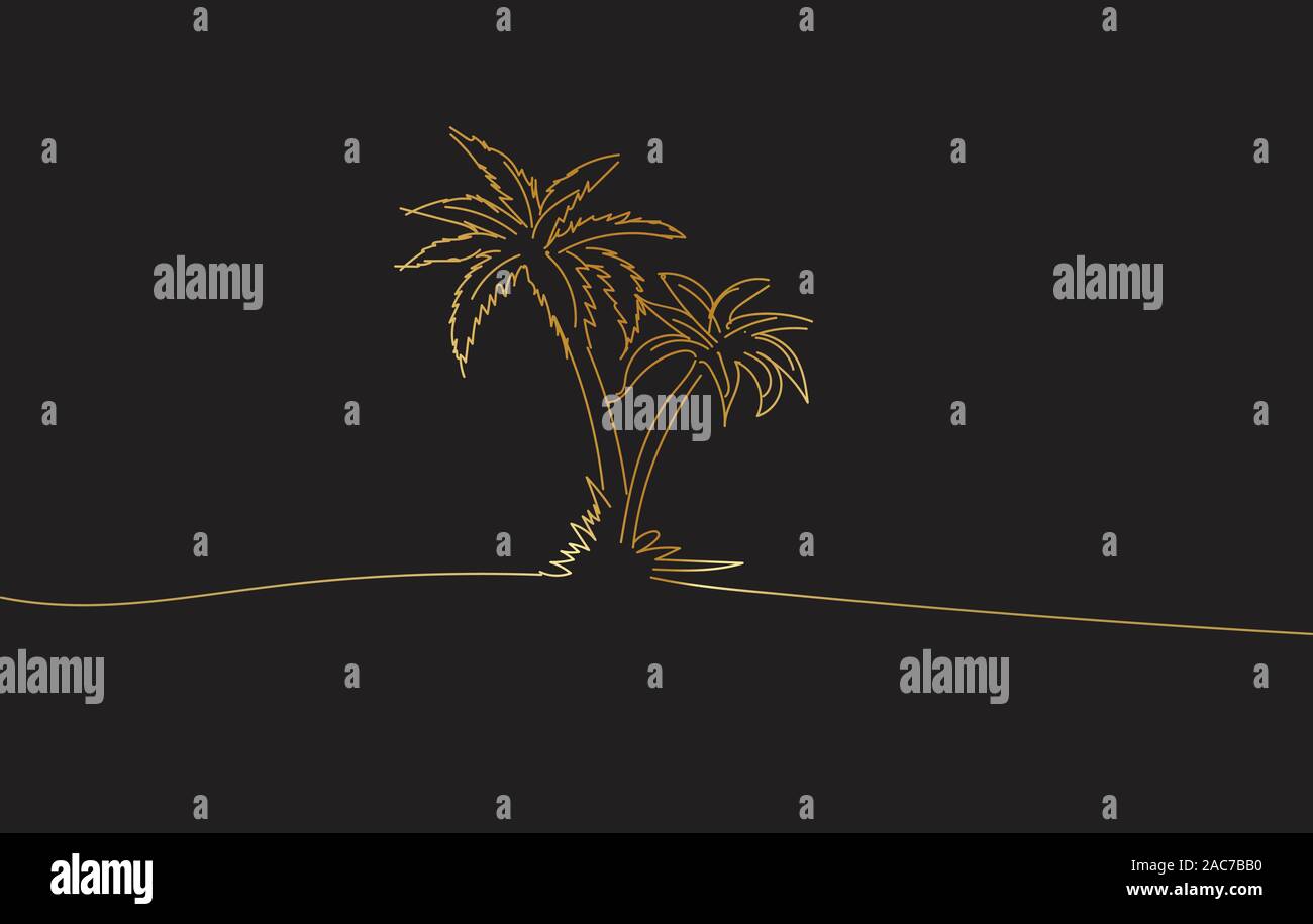 Golden Drawing sketch of coconut palm trees. Palm tree landscape design