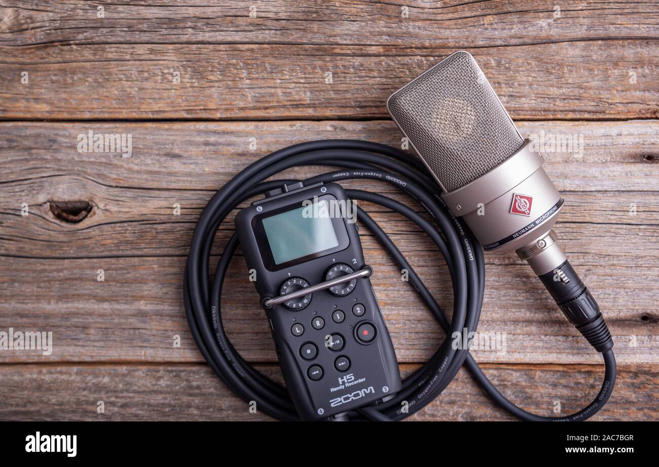Large diaphragm condenser studio microphone Neumann tlm 103 and Zoom H5  recorder on a wooden background Stock Photo - Alamy