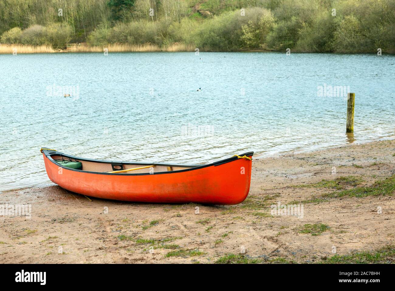 Red canoe on beach at the side of a lake Stock Photo