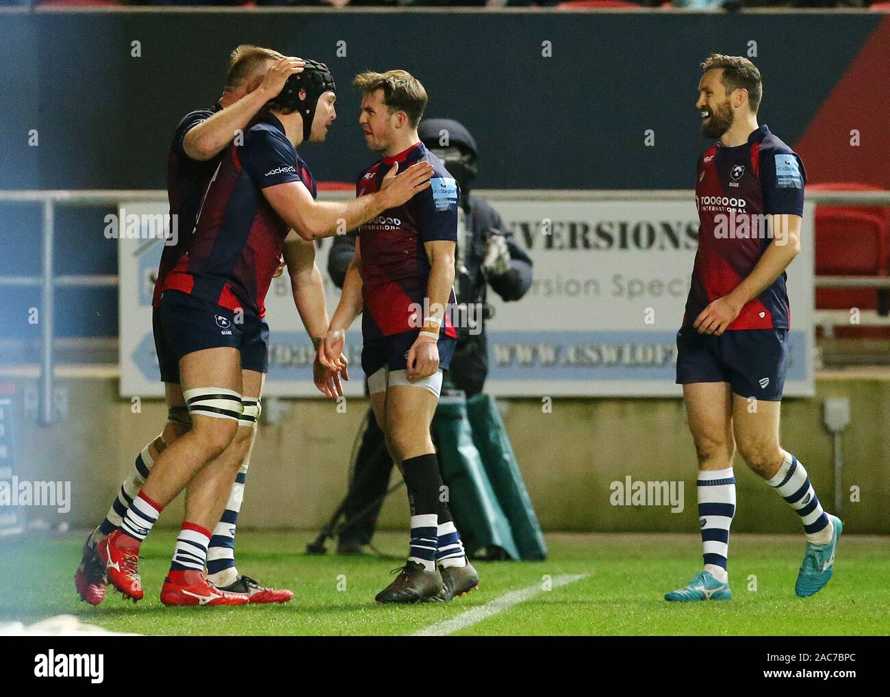 Bristol Bears' Ed Holmes (L) celebrates with team mates after scoring his sides third try of the match with during the Gallagher Premiership at Ashton Gate, Bristol. Stock Photo