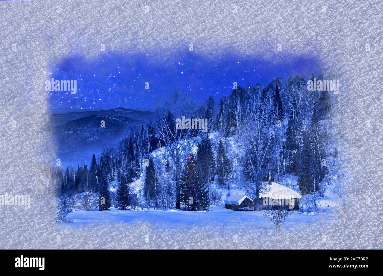 Lonely wooden mountain house on Christmas Eve. Moonlit starry night, light in the windows, snowy forest, decorated Christmas tree with garlands of lig Stock Photo