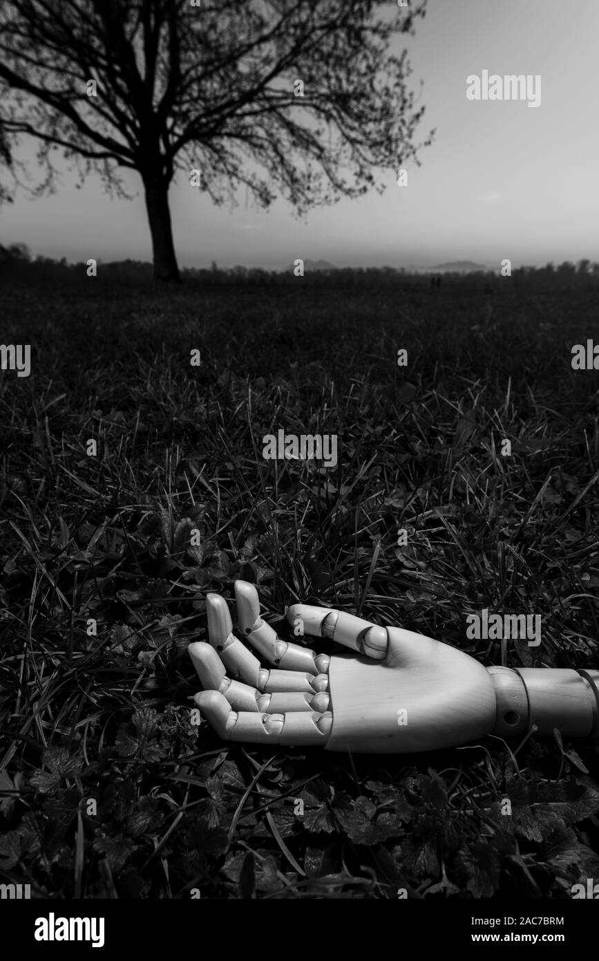 Wooden hand of body made of wood lying on a lawn near a tree Stock Photo