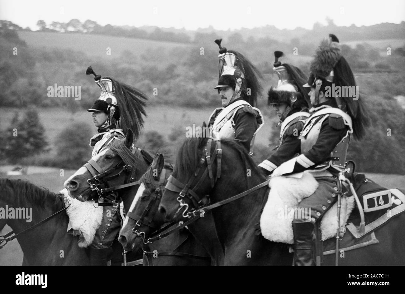 Re-enactment of a Napoleonic War battle in the grounds of Battle Abbey, East Sussex by the Napoleonic Association: a cavalry troop in action.  Circa 1994 Stock Photo