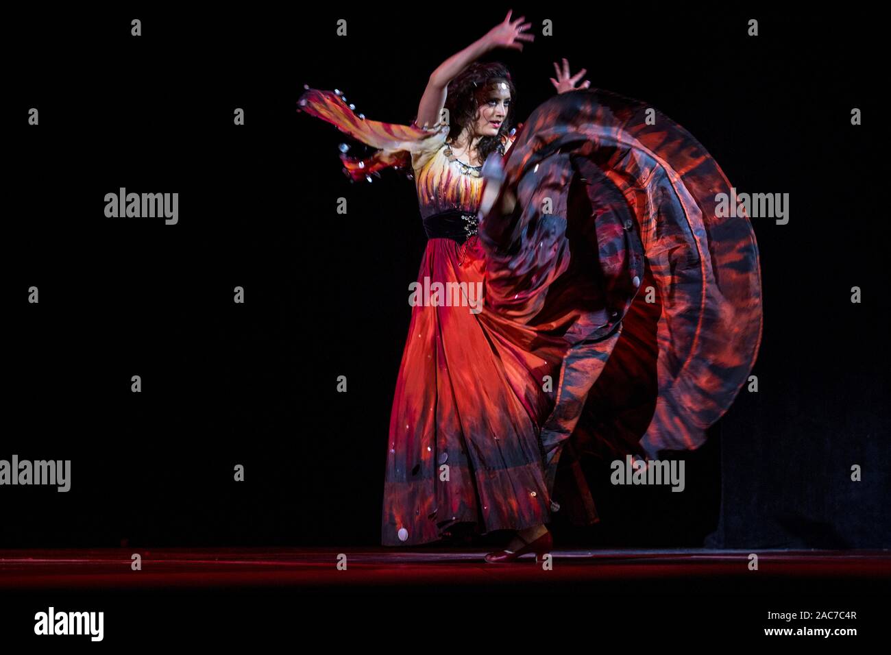 'Gypsy Dance' from the ballet 'Don Quixote' performed by the ballet-dancer Aysylu Mirkhafyzkhan at a stage in a theatre in Moscow, Russia Stock Photo
