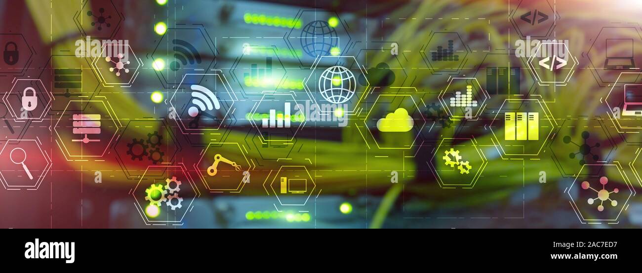 Industry technology concept. Yellow Mixed Media virtual screen. Manufacturing wireless computing future technology server Stock Photo