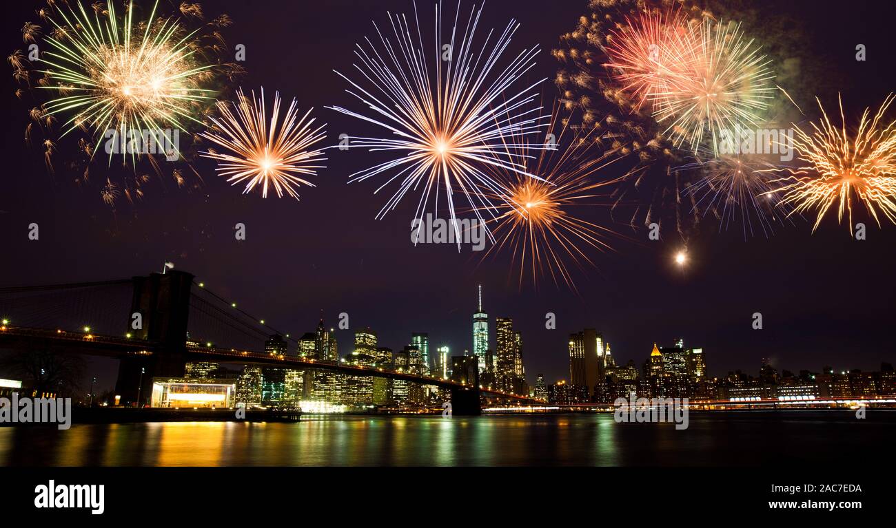 New Year Fireworks over New York Stock Photo
