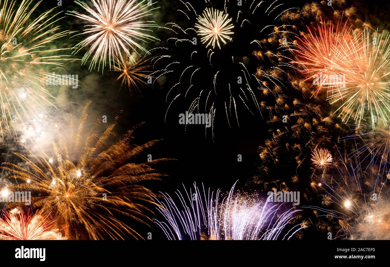 New Year fireworks background, new year wishes concept Stock Photo