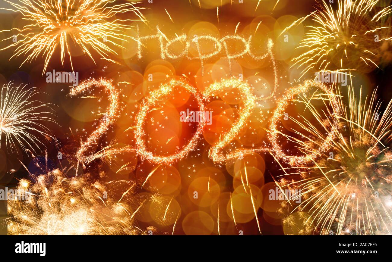 New Year fireworks golden bokeh background Stock Photo - Alamy